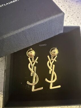 Saint Laurent Gold YSL Monogram Dangling Logo Earrings